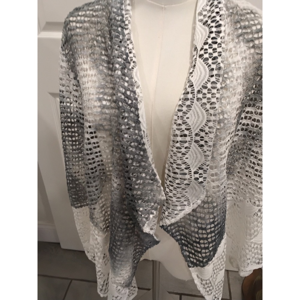 Alberto Makali Grey White Ombre Lace Open Front Waterfall Cardigan Sweater Med